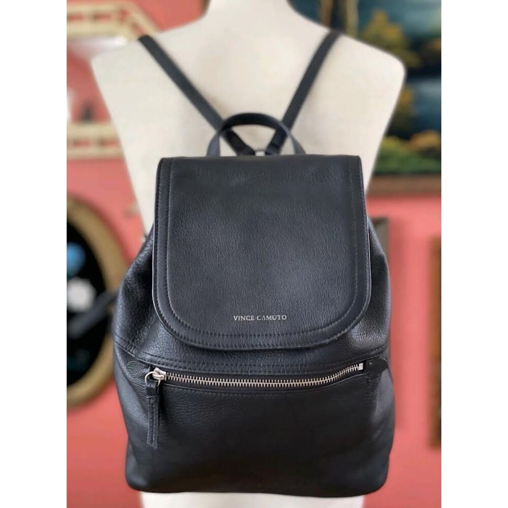 Vince Camuto Black 100% Leather Backpack Drawstring Flap Silver Hardware